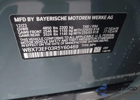 2024 BMW X1 xDrive28I из США, поврежденный, VIN WBX73EF03R5Y60469